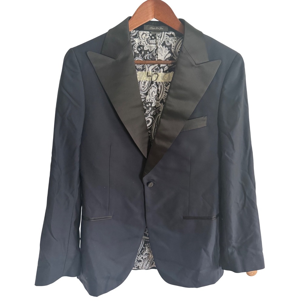 Indochino Mens Navy Blue Tuxedo Jacket Black Peak Lapel Paisley Lining Size 40